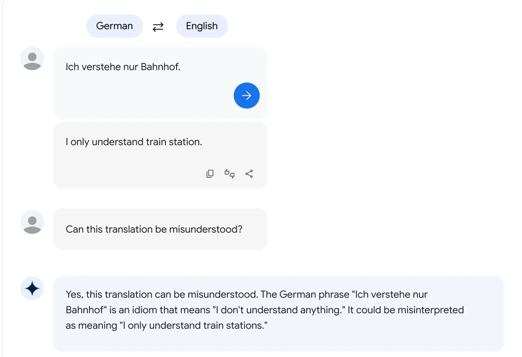 Google's LLM offering explanations for a German translation.