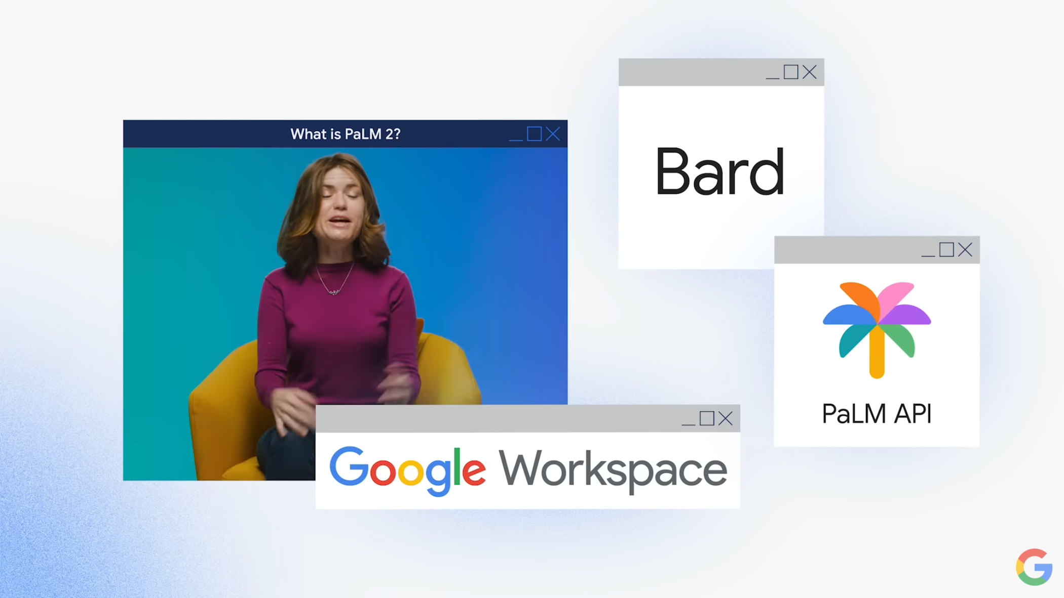 Presentation shows PaLM icons for Bard and Workspace.