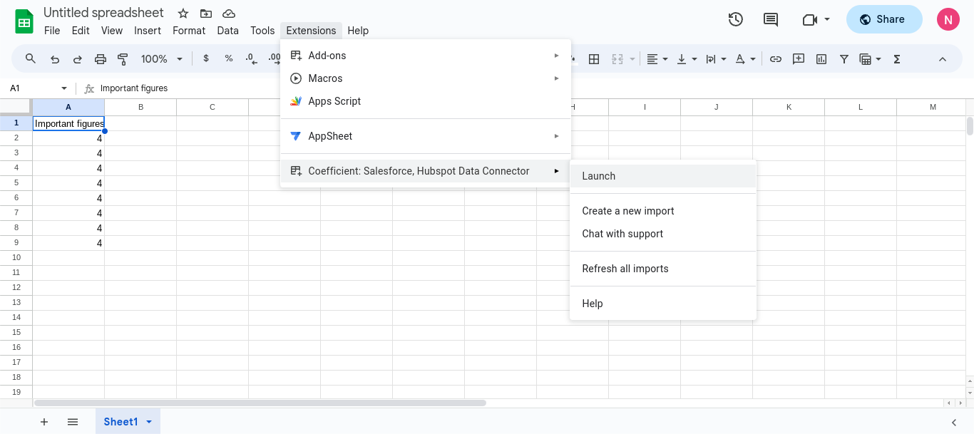 Screenshot of the extension menu in Google Sheets showing the Coefficient launch setting.
