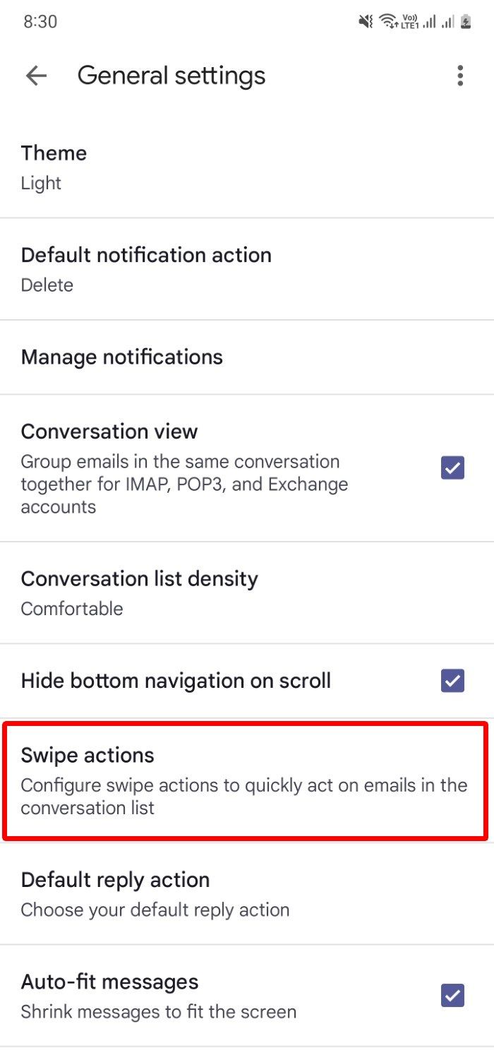 The Swipe action in the Gmail Android app settings.