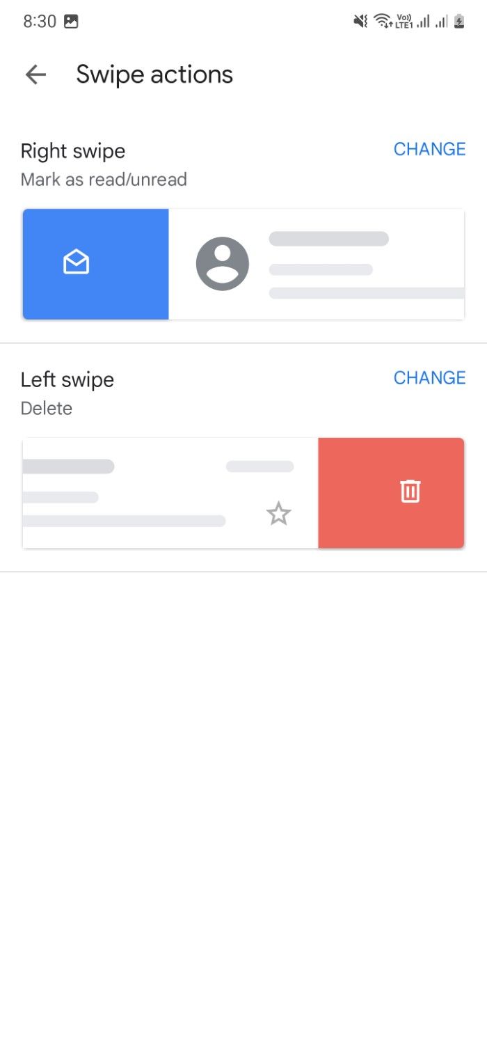 The Swipe actions settings in the Gmail app.