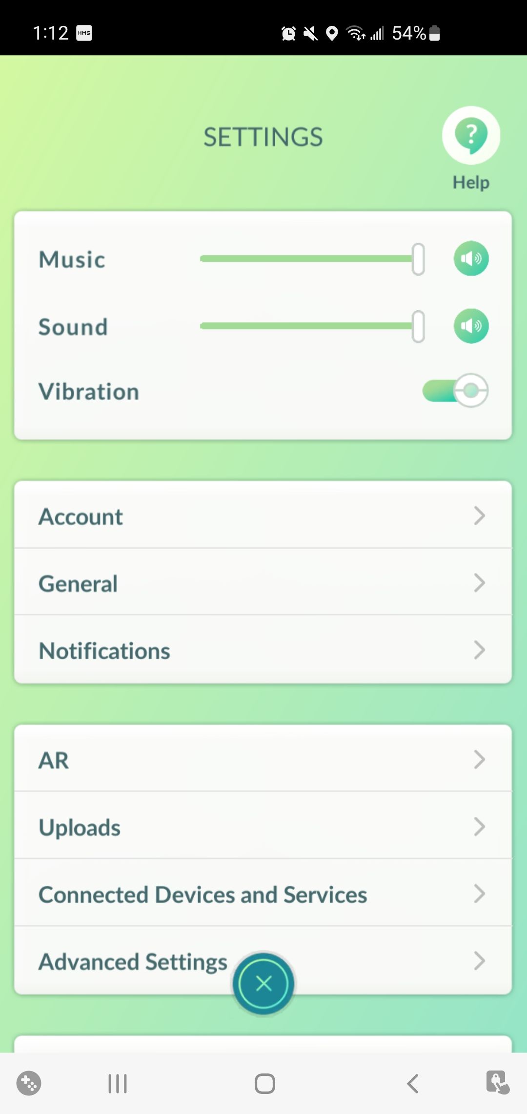 green and white settings page in pokemon go