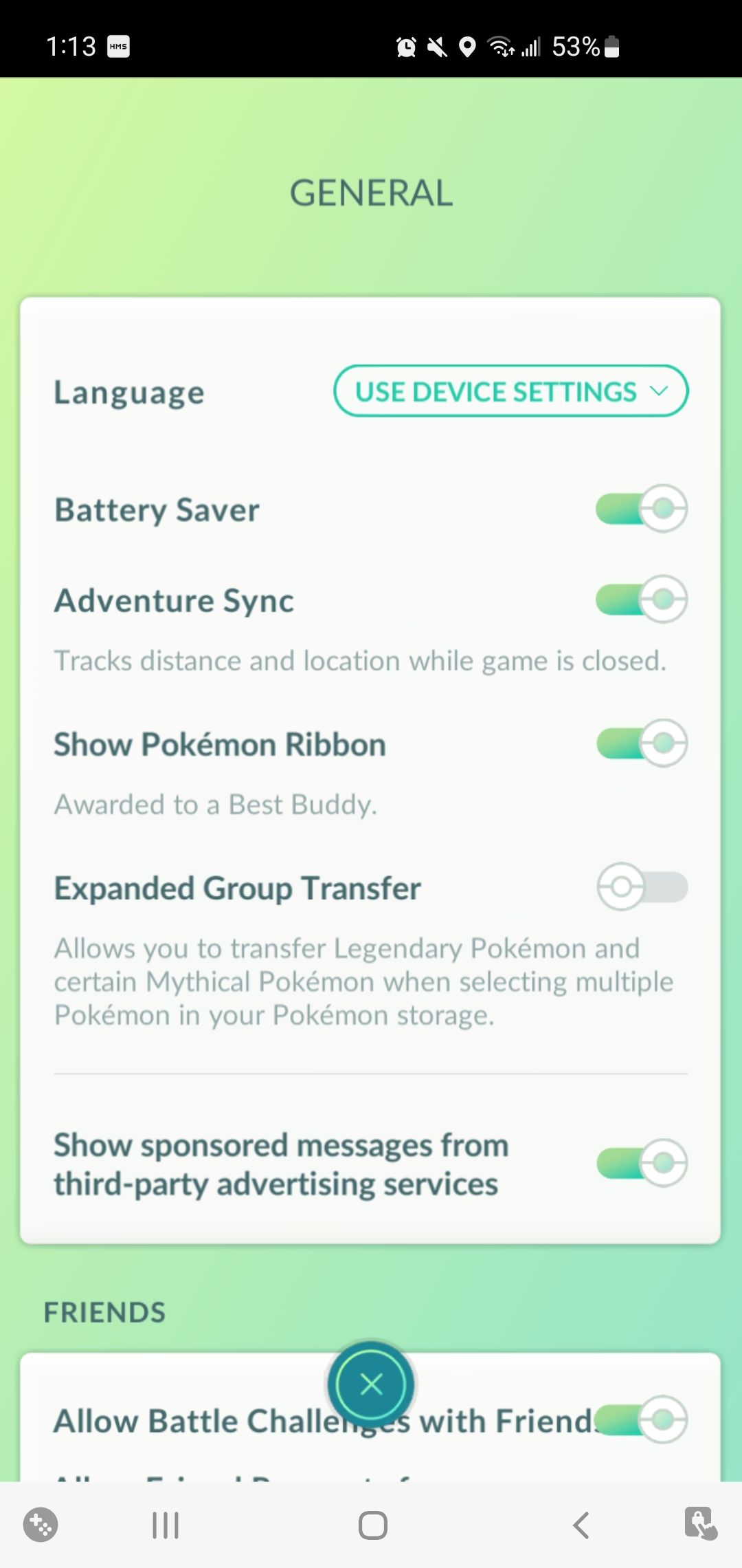 general settings in pokemon go with toggles