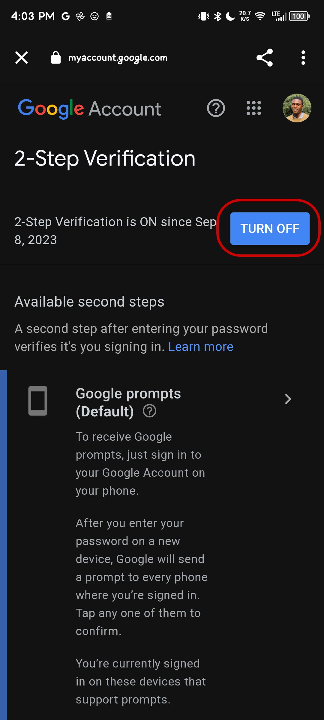 turn off 2 way authentication gmail