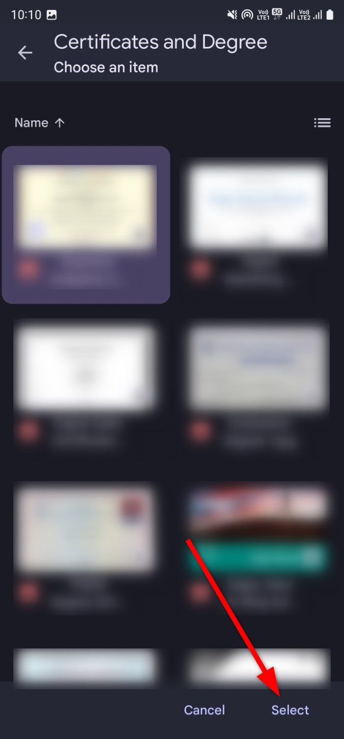 Make a selection out a file from Google Drive on the Gmail Android app.
