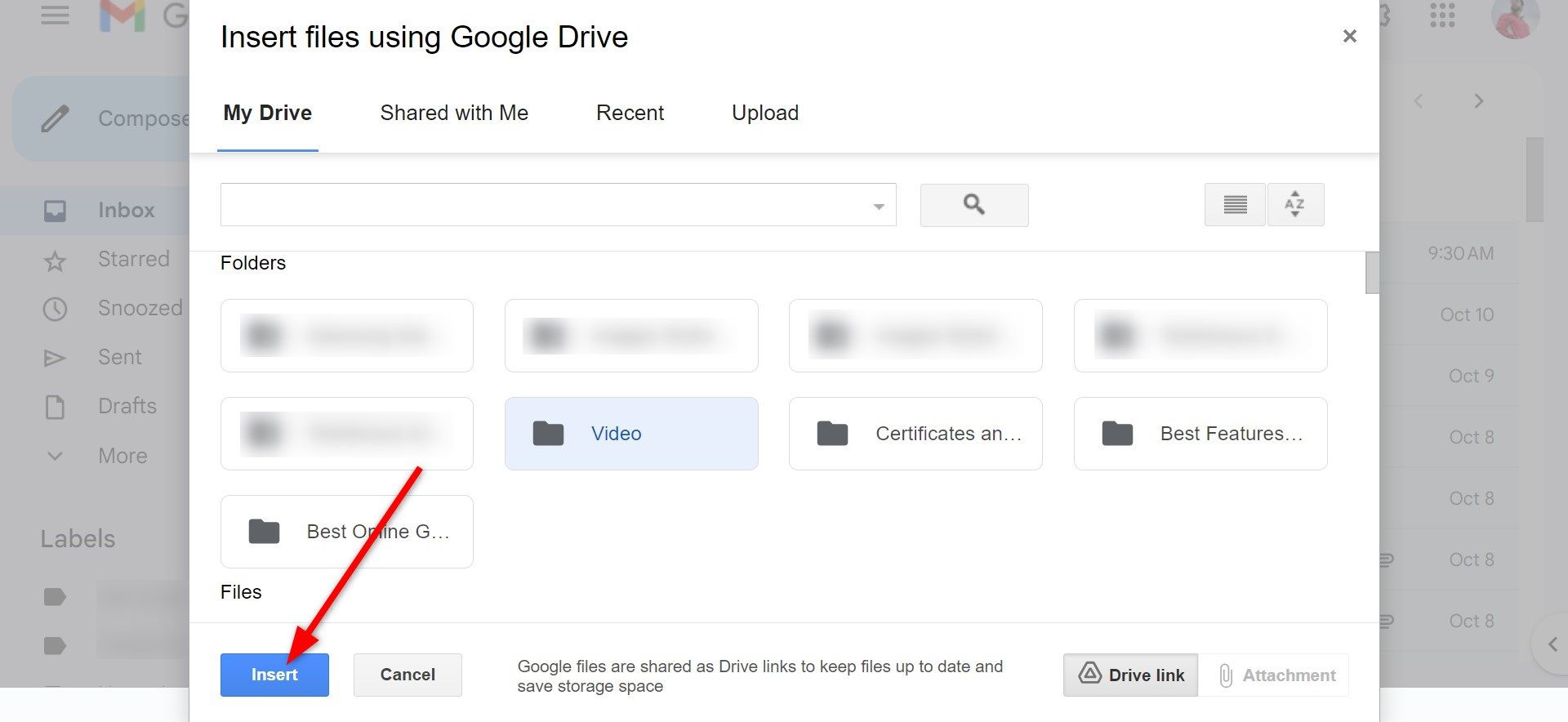 Make a selection out file from Google Drive and insert for your e-mail.