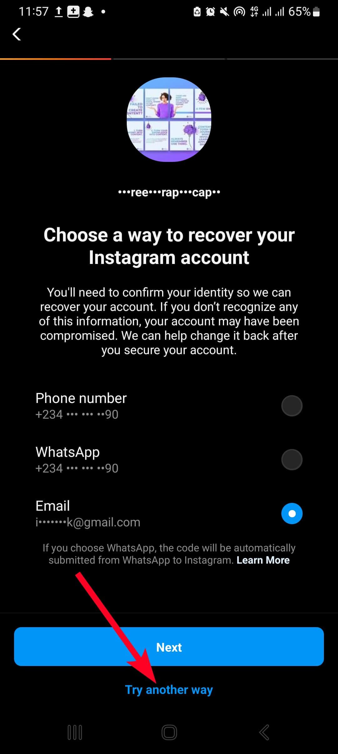 Selecting Are attempting one other capability on Instagram legend recovery alternatives page