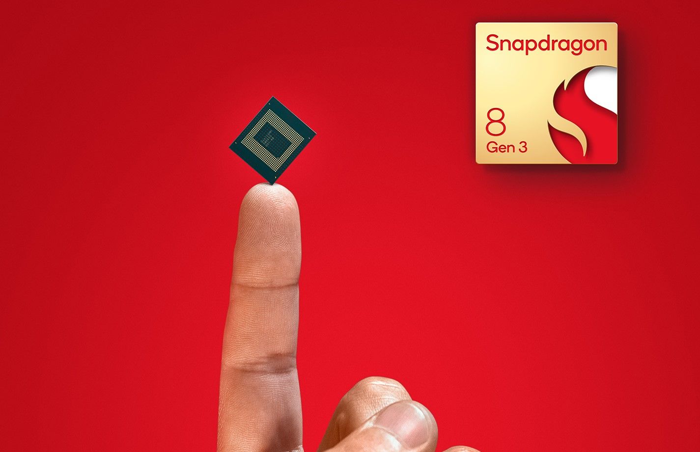 A mobile SoC rests on a person's finger. The Qualcomm Snapdragon 8 Gen 3 logo is in the background.