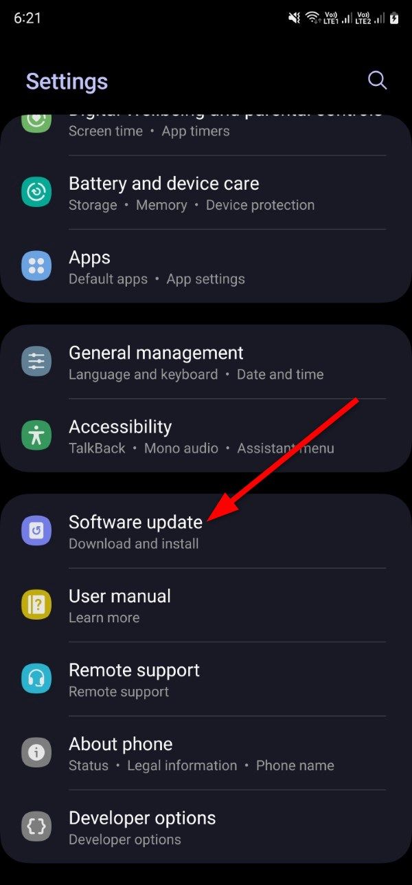 Software update menu in Samsung Galaxy phone