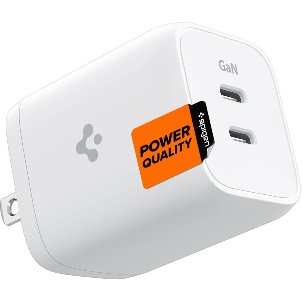 A Spigen dual-port GaN Charger on a white background