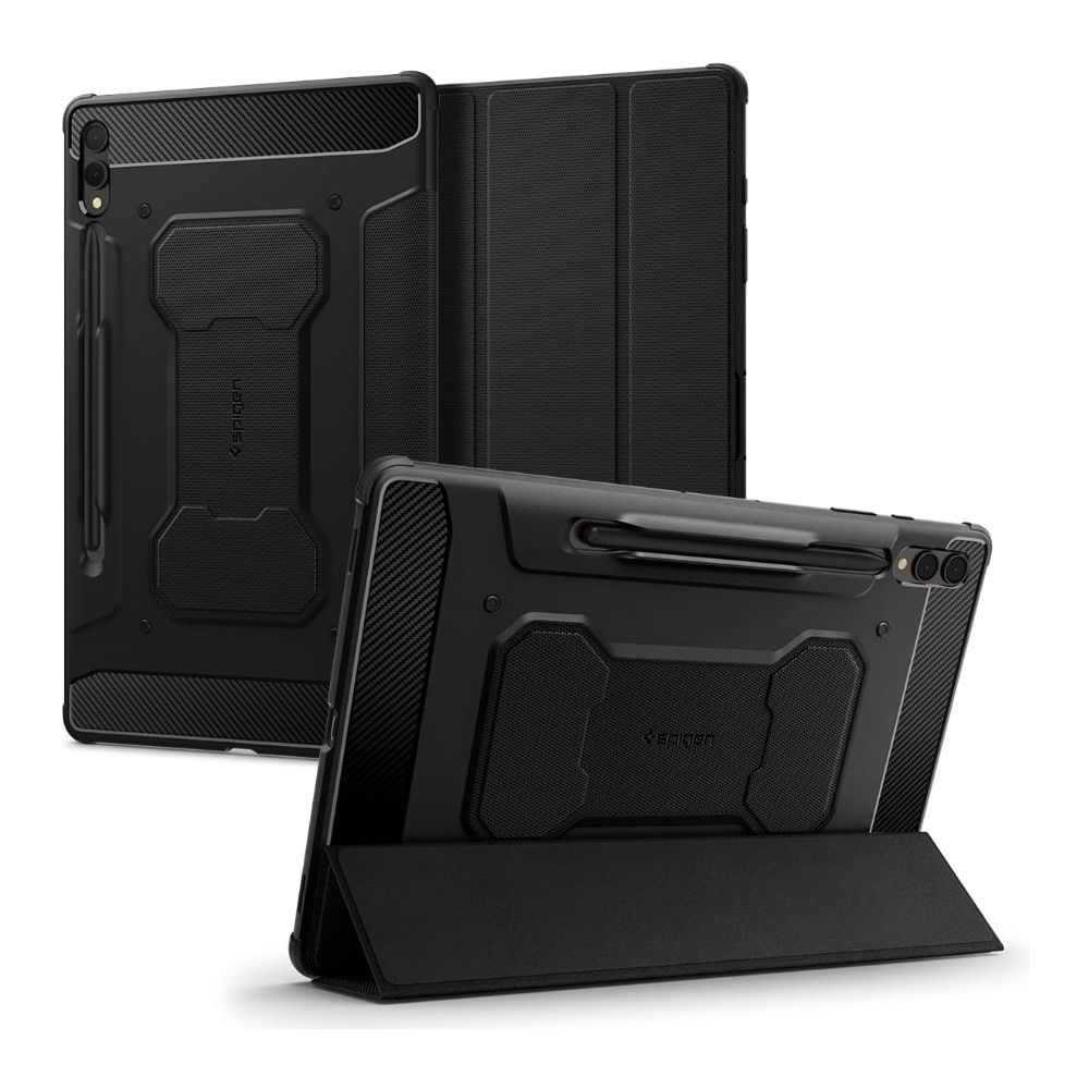 spigen rugged armor pro for galaxy tab s9 plus, front, back, and kickstand views