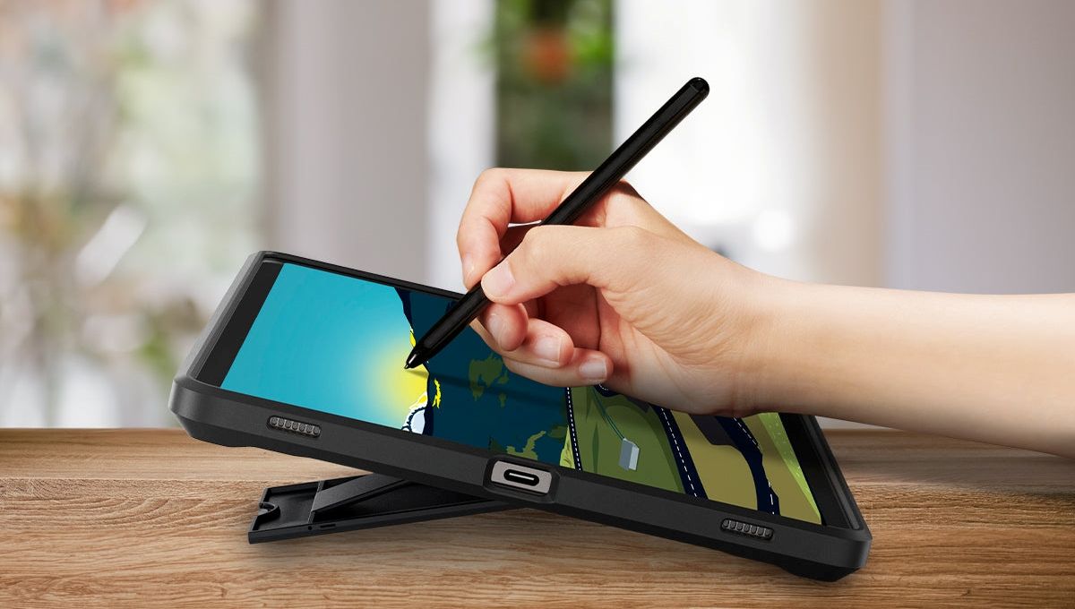 spigen tough armor pro for tab s9 plus side view while holding a stylus