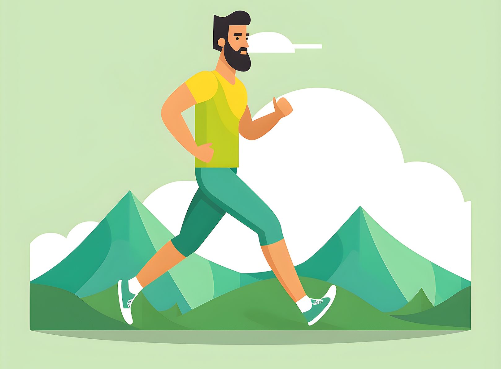 A cartoon man in green clothes with a beard running in nature with mountains and clouds in the background