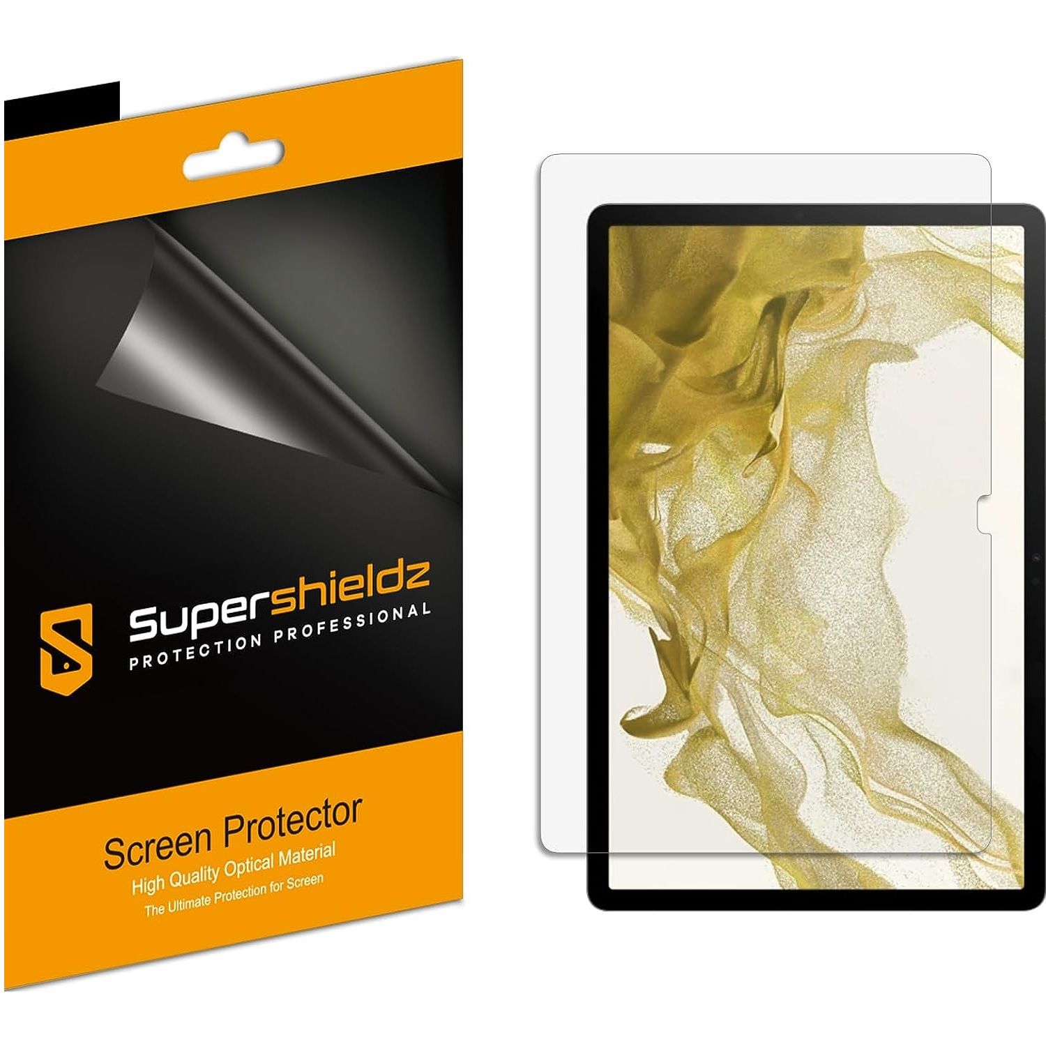 Supershieldz Clear Shield Screen Protector overlayed on a tablet next to packaging