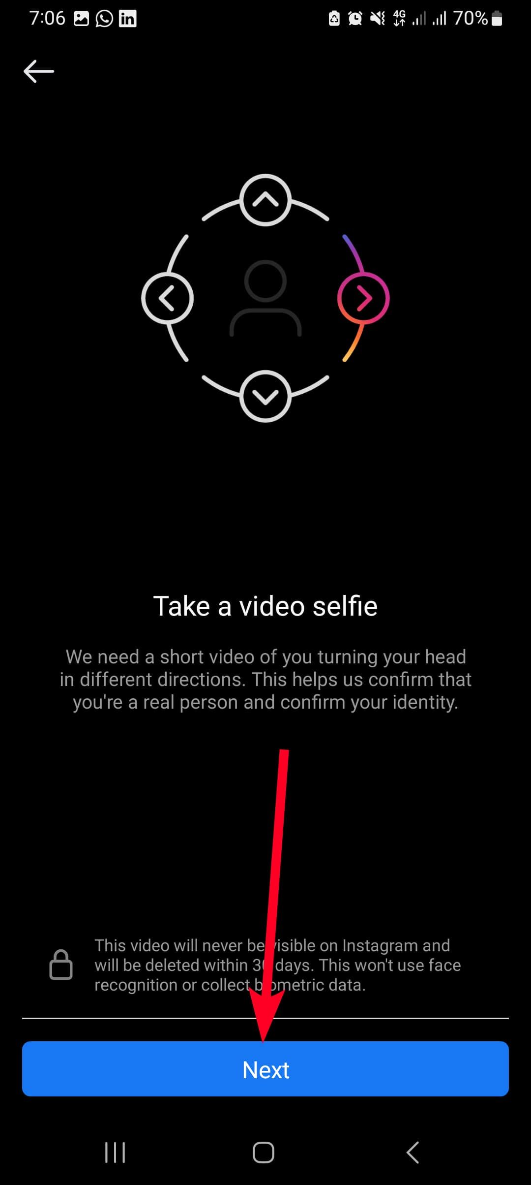 Elevate a video selfie page on Instagram app
