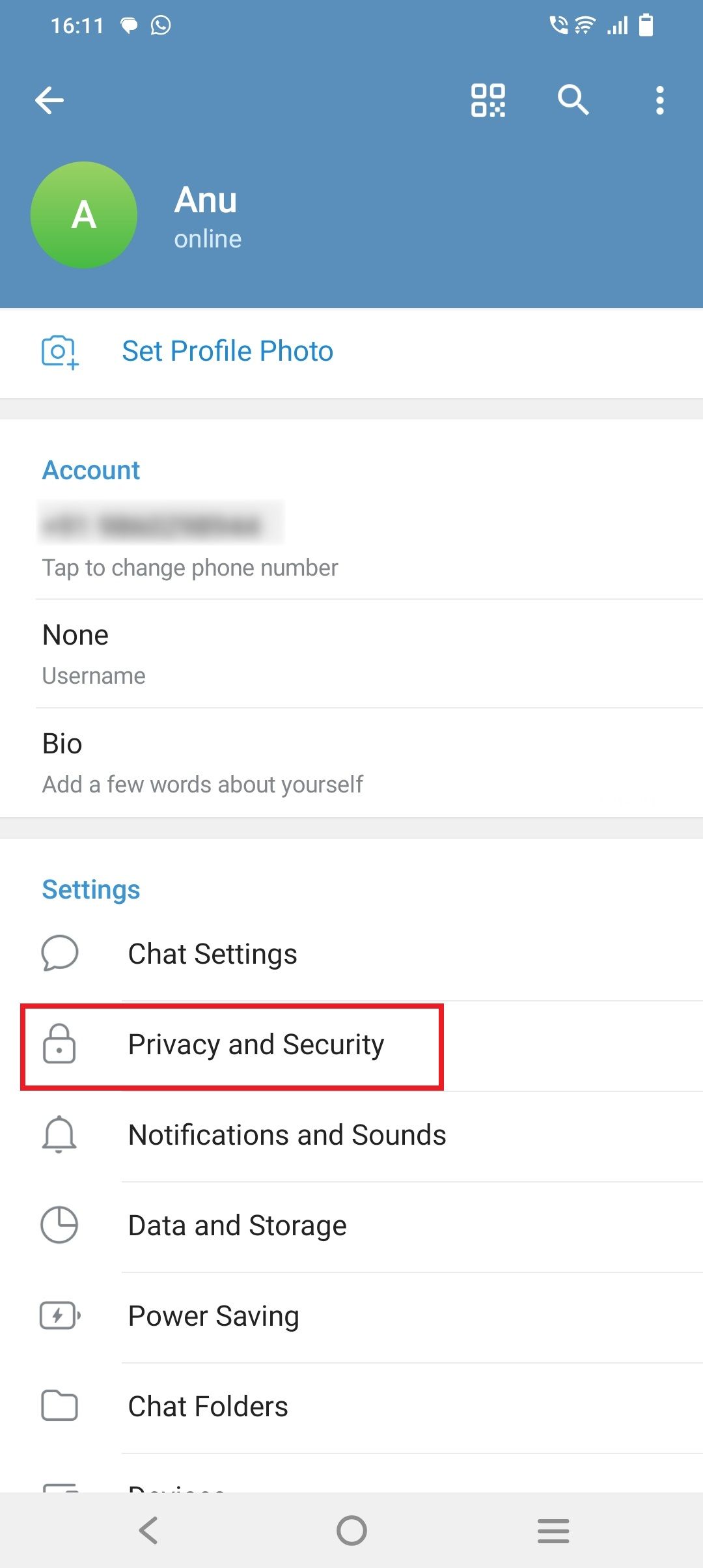 Screenshot of Telegram's Settings menu, highlighting Privacy and Security option.