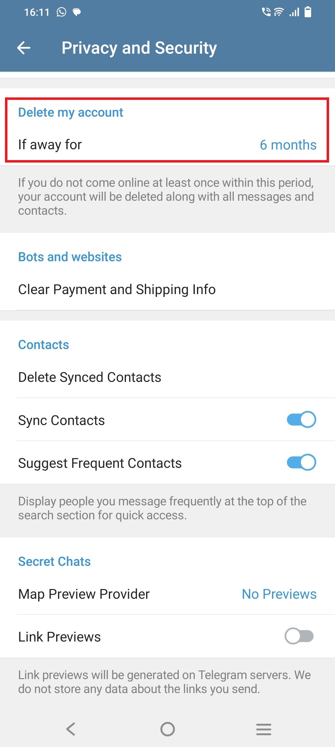 Screenshot of Telegram's Privacy and Security menu, highlighting 'Delete my account' option.