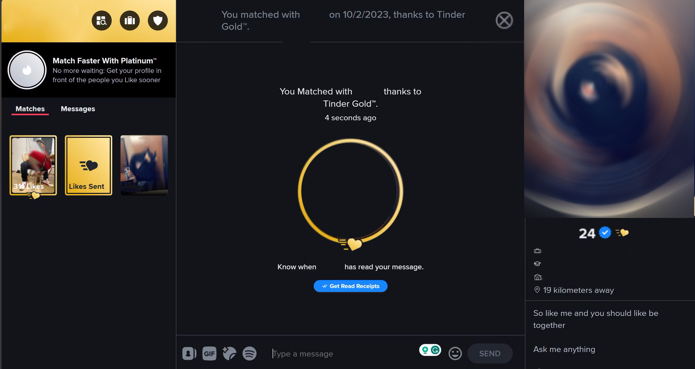 The Tinder desktop app opened with a Match exhibiting within the Messages portion.