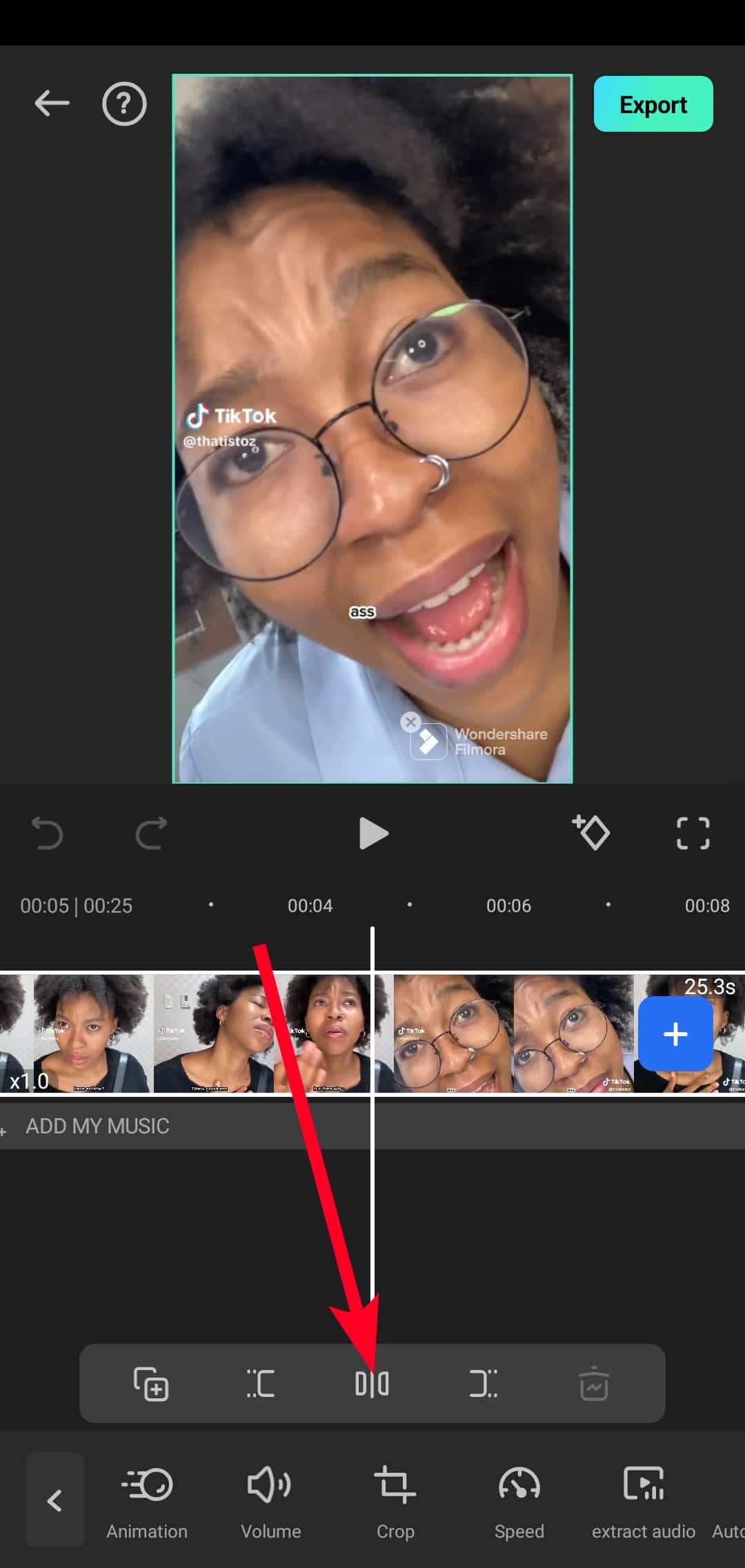 Trimming a video in Filmora app