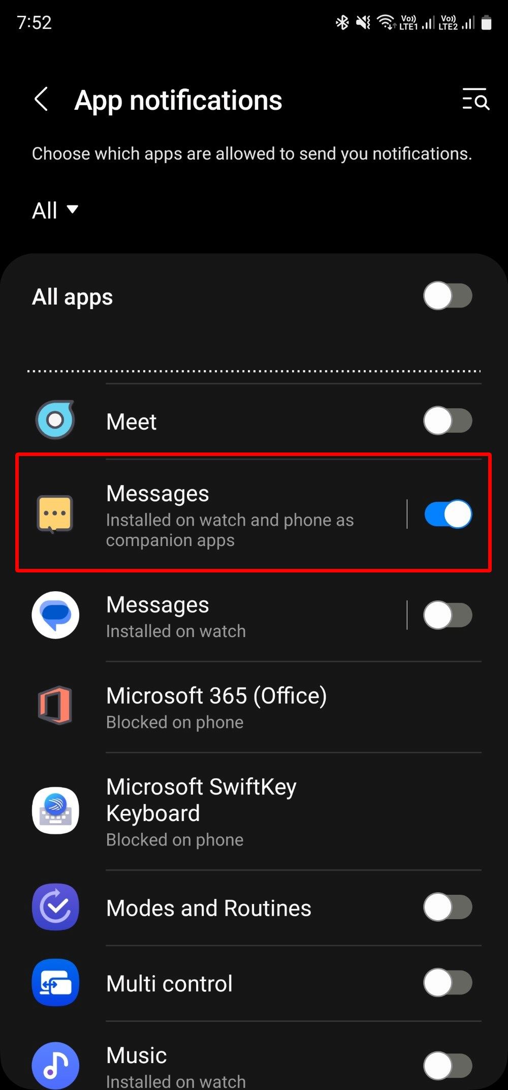 On your Android phone, turn on the toggle for your Messages app.