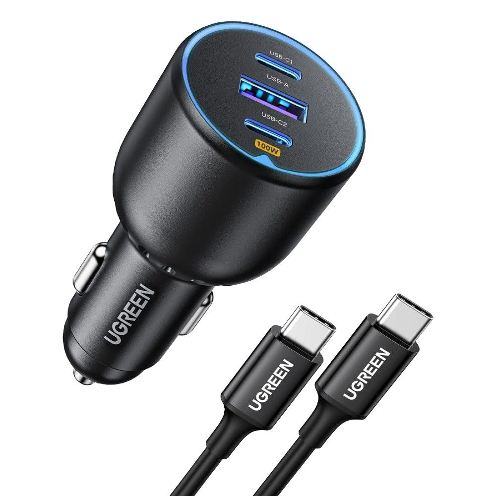 A Ugreen car charger and USB-C cable on a white background