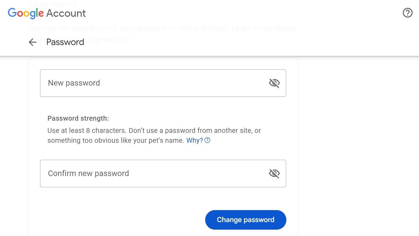 An instance of what it appears to be like to be decide to replace a Google fable password in a Chrome web browser.