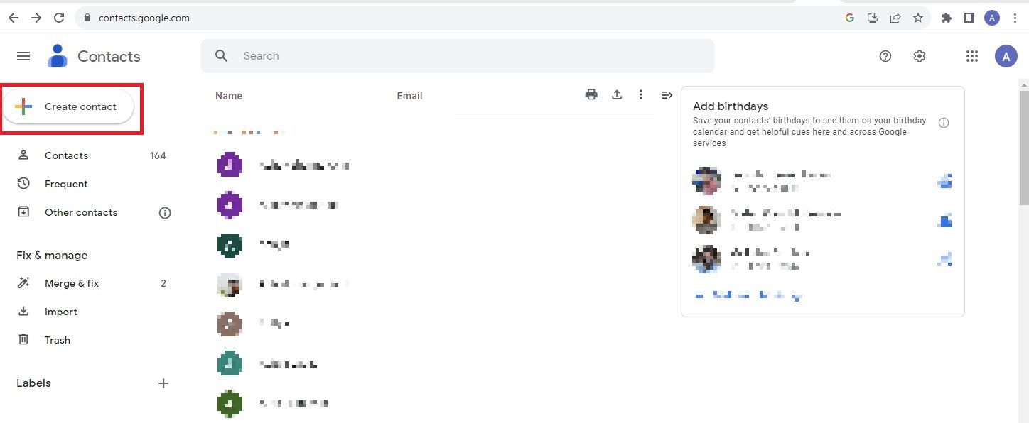 Screenshot highlighting 'Create contact' in Gmail.