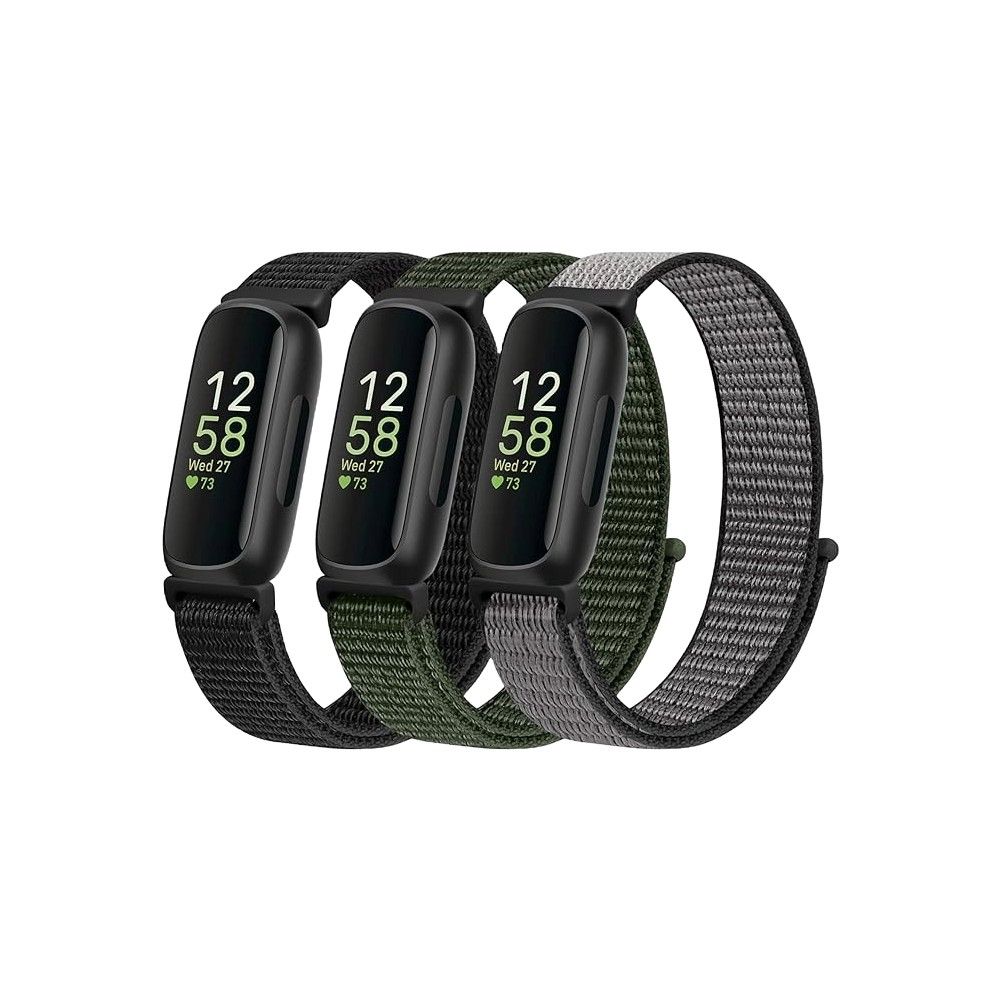 Three Fitbit Inspire 3 trackers with sunless, inexperienced and gray nylon straps 