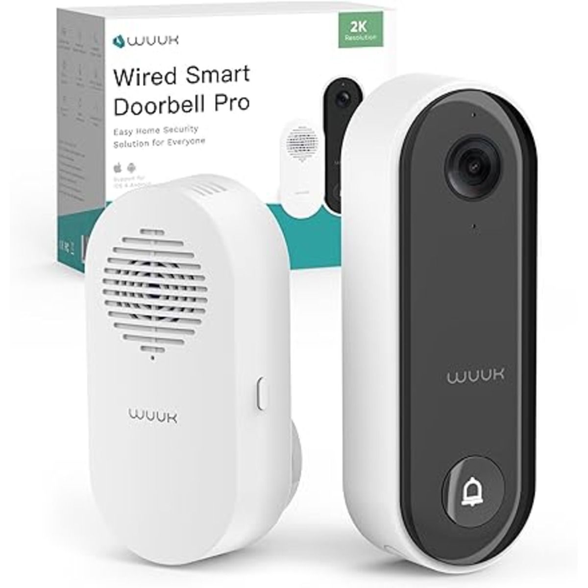 Wuuk Wired Smart Doorbell and indoor chime against a white background