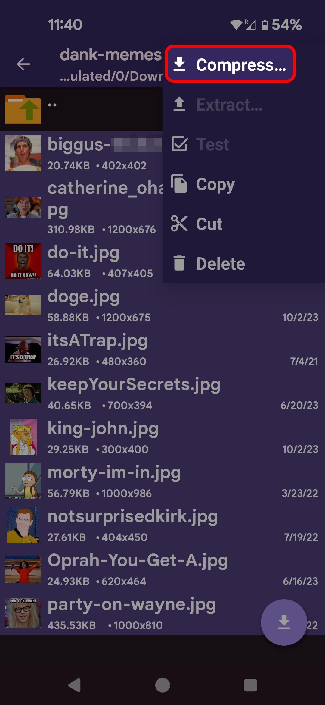 ZArchiver grid menu highlighting the Compress... chance
