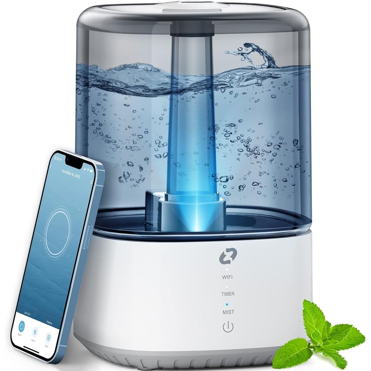 The Zoesure ZH706 Smart Humidifier and a smartphone against a white background.