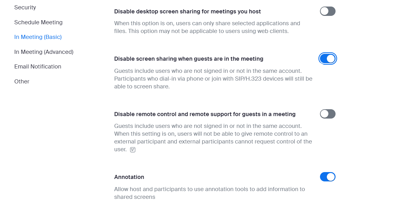 Screenshot showing the Zoom In-meeting (basic) settings