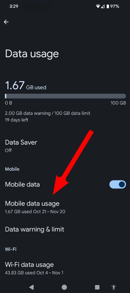 A red arrow points to the mobile data usage option