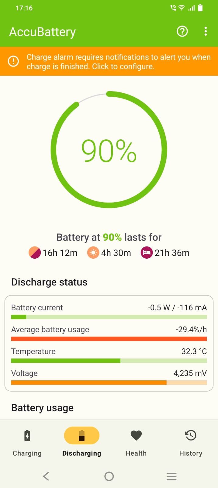 Screenshot of the Accubattery app highlighting the battery discharging details