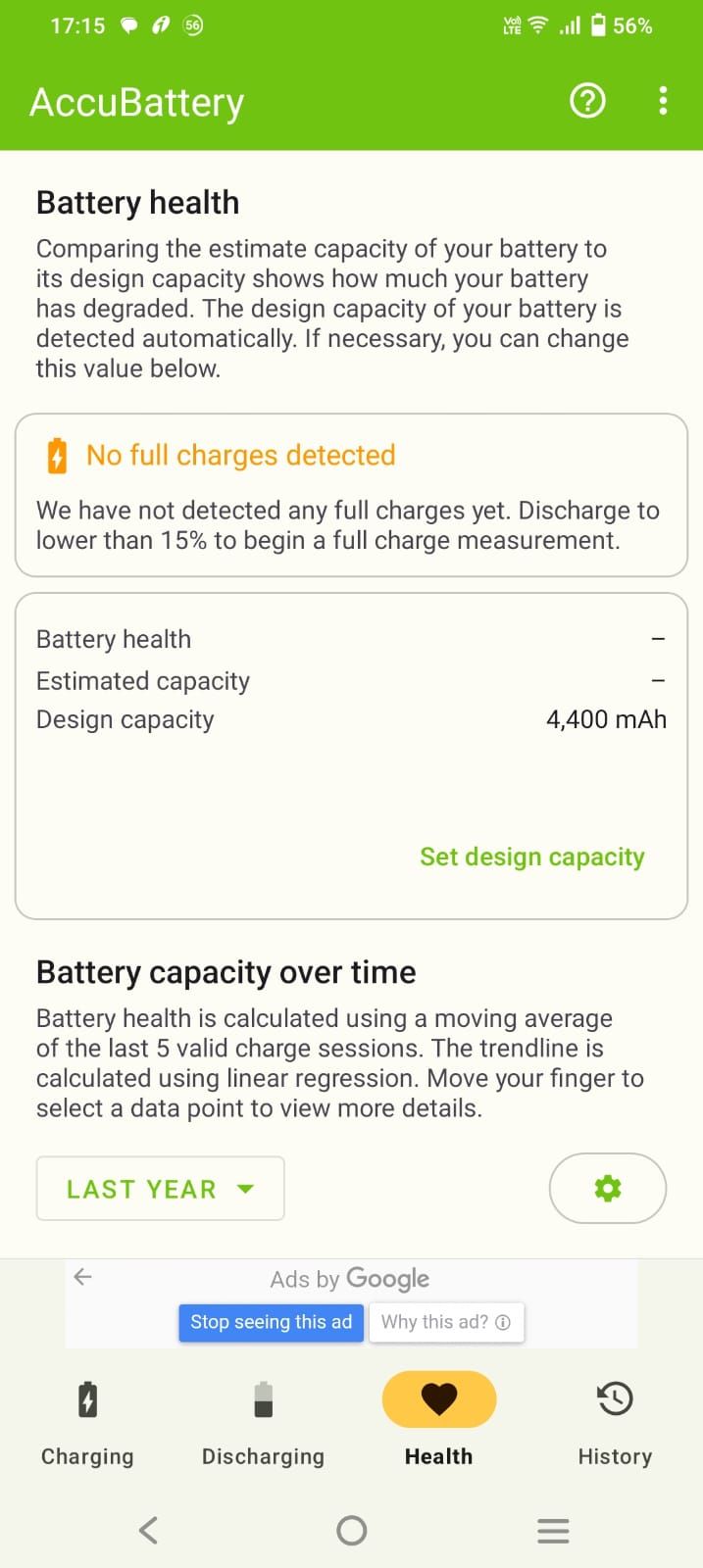 Screenshot of the Accubattery app highlighting battery health details