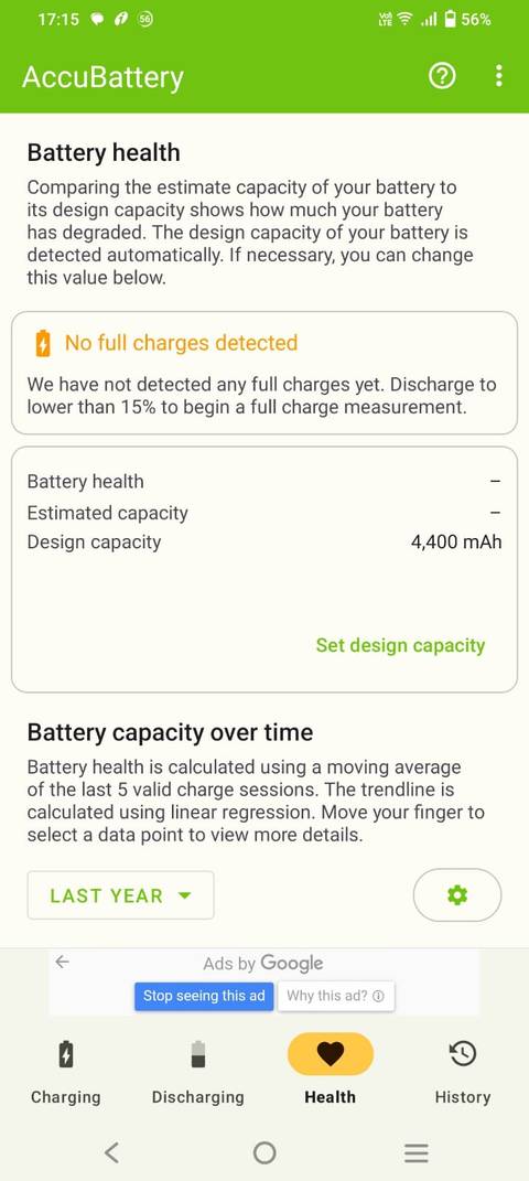 Highlighting battery health details inside the AccuBattery app