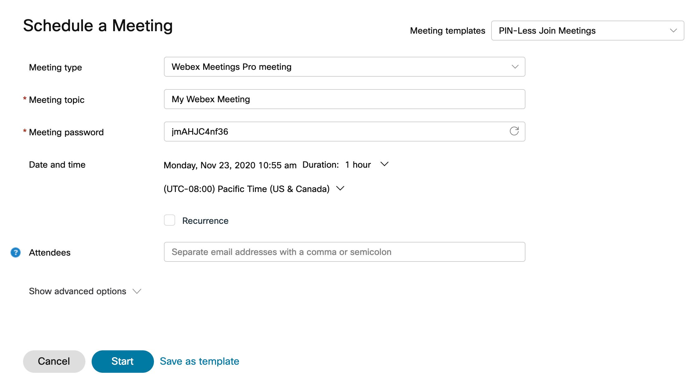 Webex basic settings for scheduling a meeting.