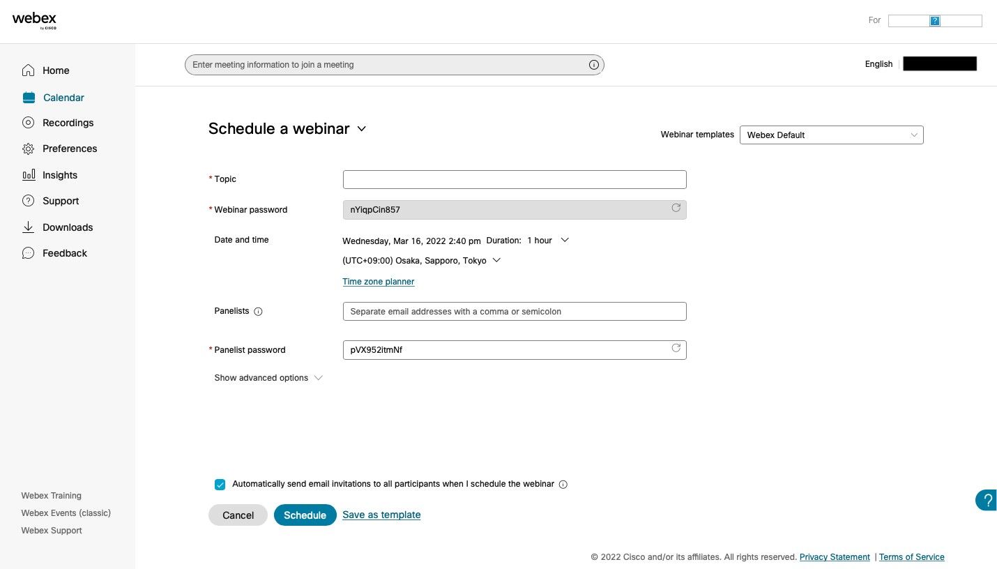 Webex basic settings for scheduling a webinar.