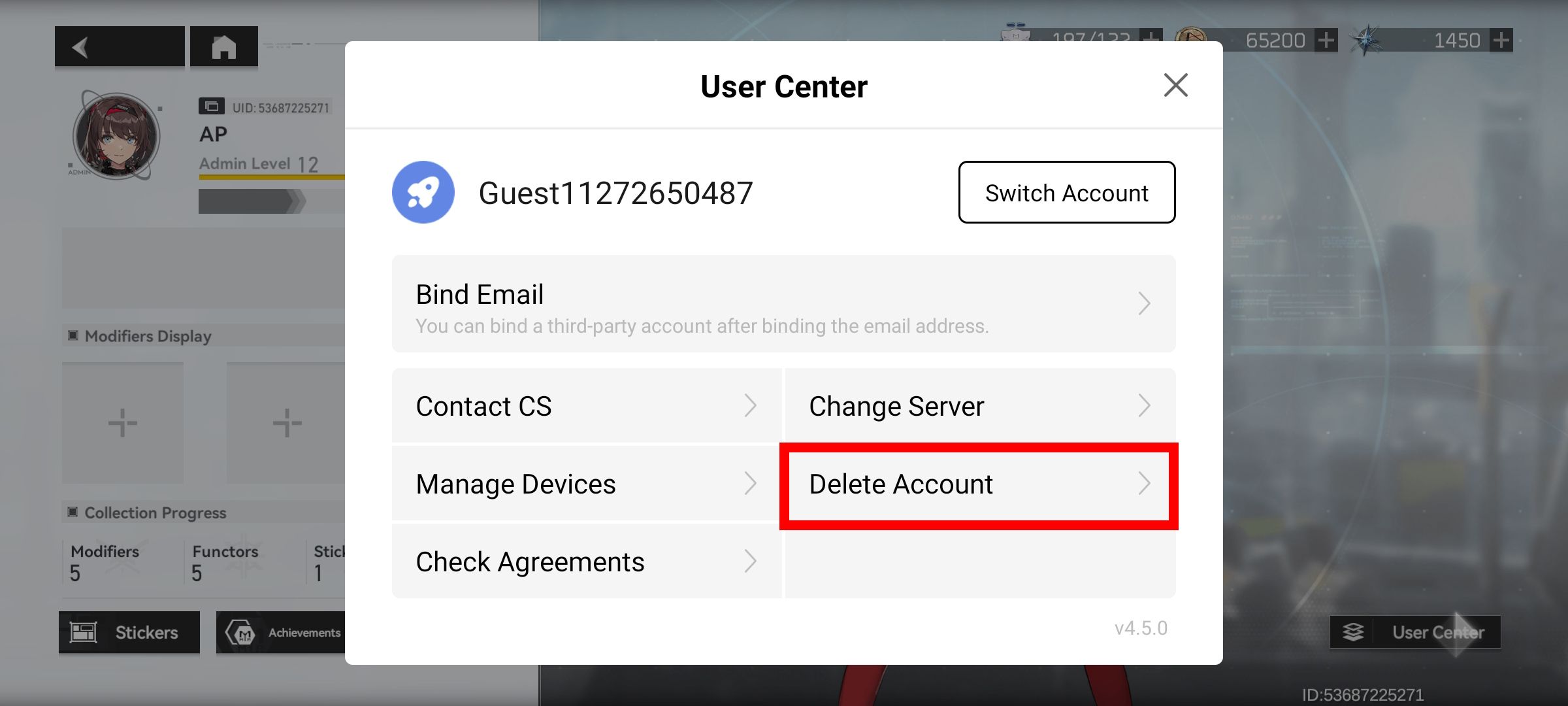 red rectangle outline over delete account button in user center