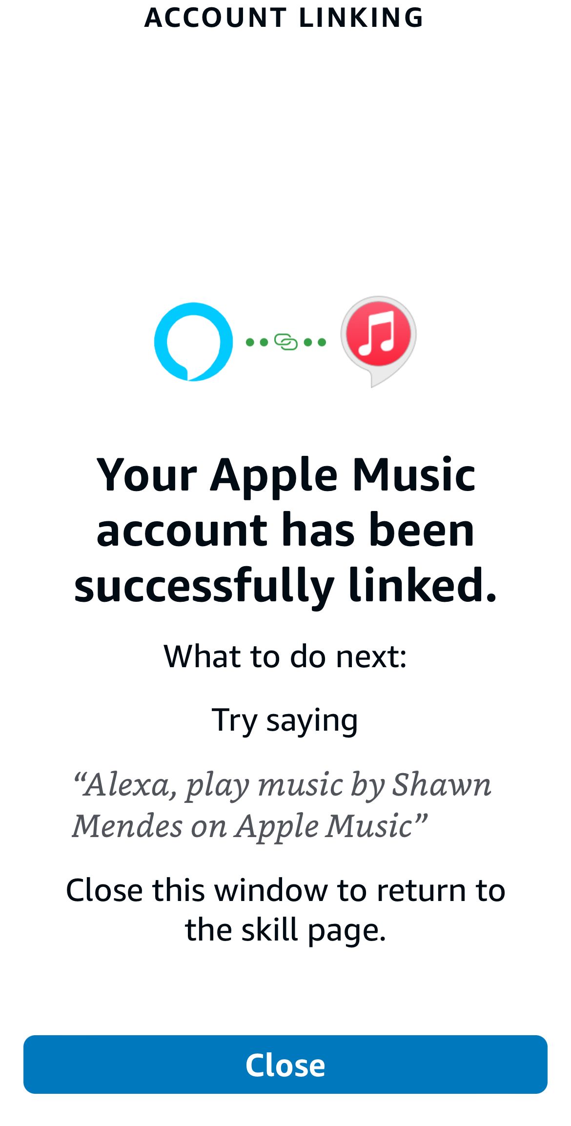 Alexa app indicating Apple Music has been successfully linked to account.