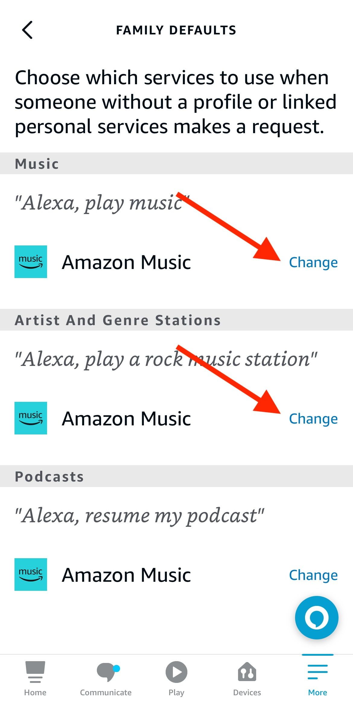 The Alexa app music settings with red arrows pointing to the change options under Music and Artist and Genre Stations.