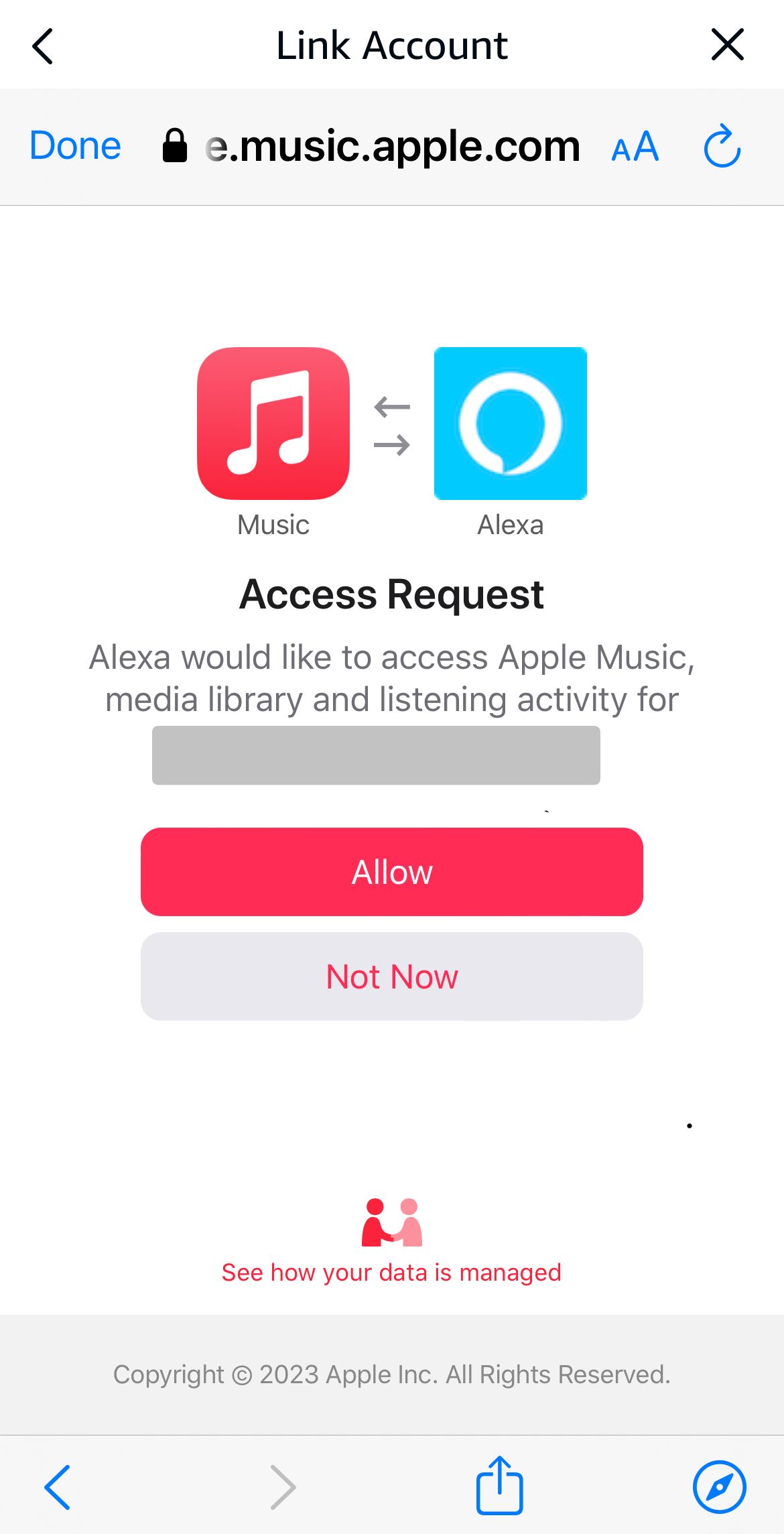 The Alexa app music linking menu asking for access to Apple Music.