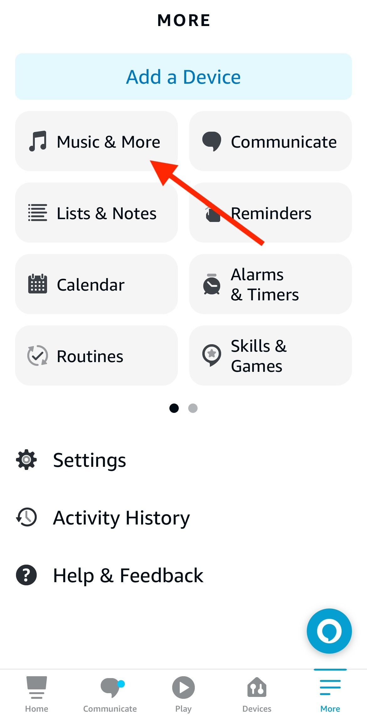 The Alexa app settings screen with a red arrow pointing to the Music & More option.
