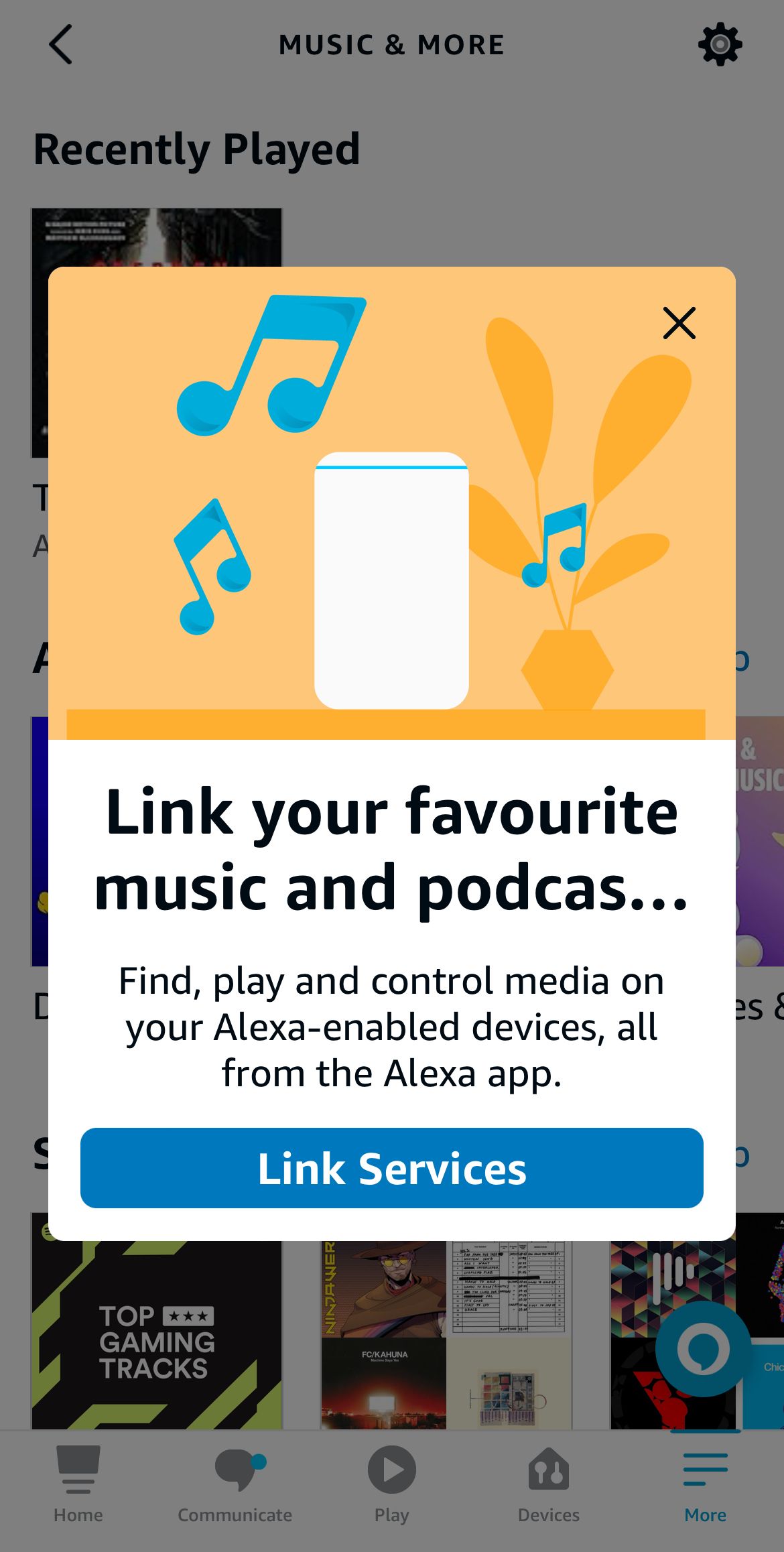 The Alexa app showing a pop up to link music services.