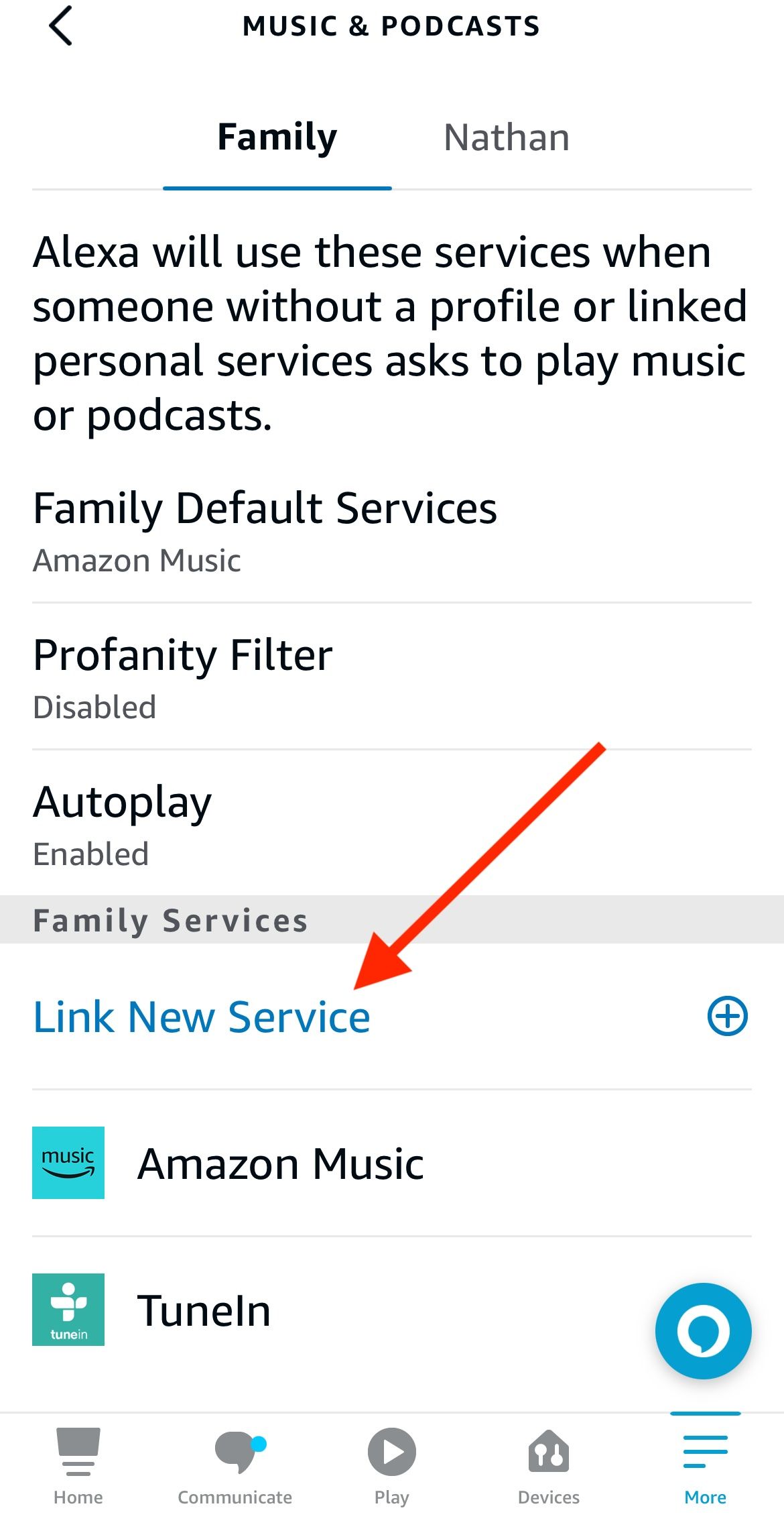 The Alexa app music services menu with a red arrow pointing to the Link New Services option.