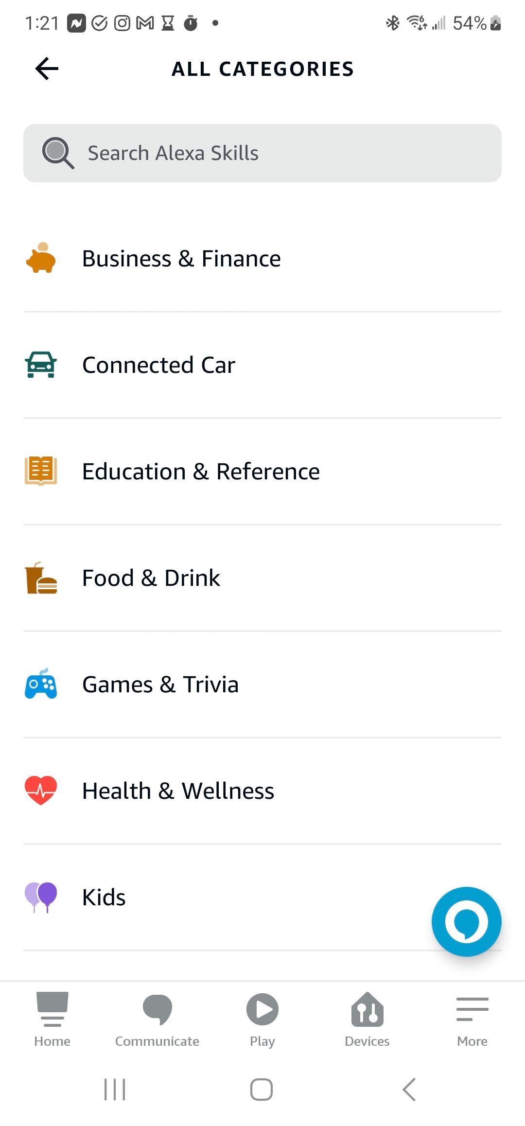 The "All Categories" page on the Alexa app.