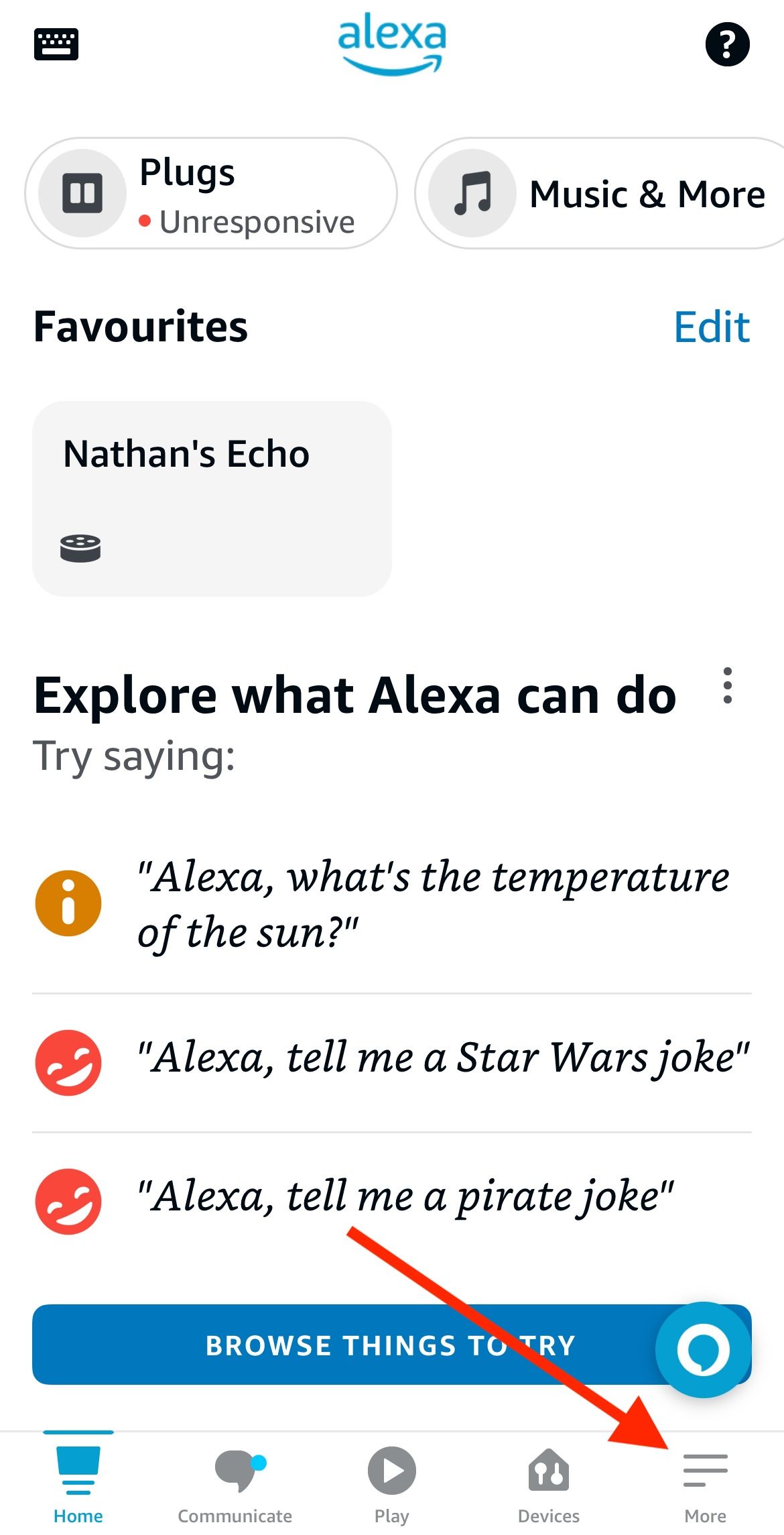The Amazon Alexa app home screen with a red arrow pointing to the hamburger menu on the bottom right.