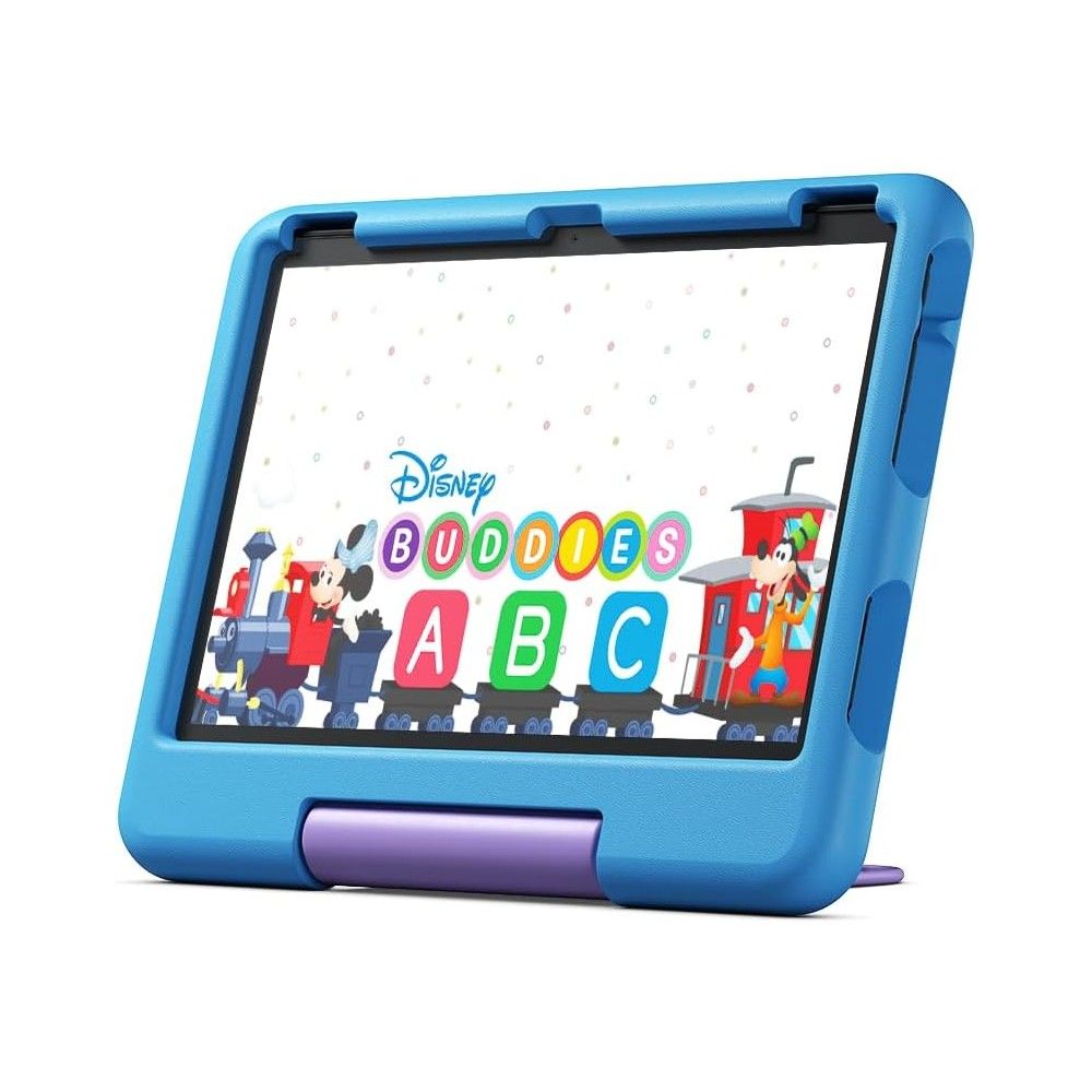 An Amazon Fire HD 10 Kids tablet with a blue rugged case