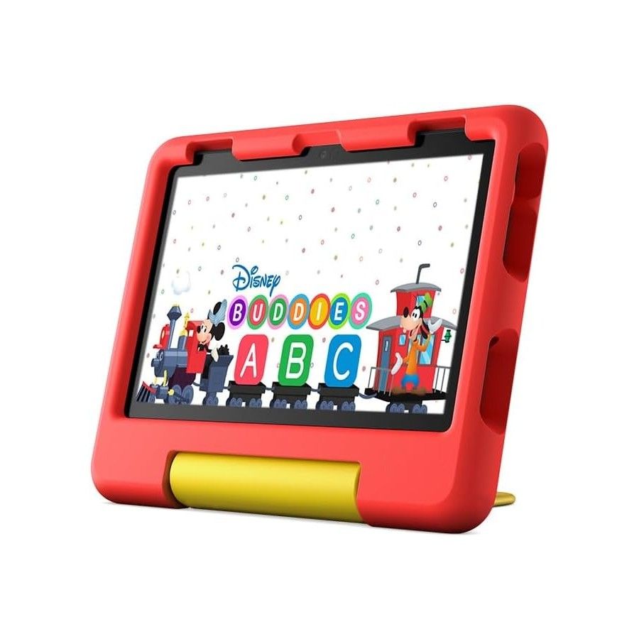 An Amazon Fire HD 8 Kids tablet with a red and yellow child-proof case on a white background