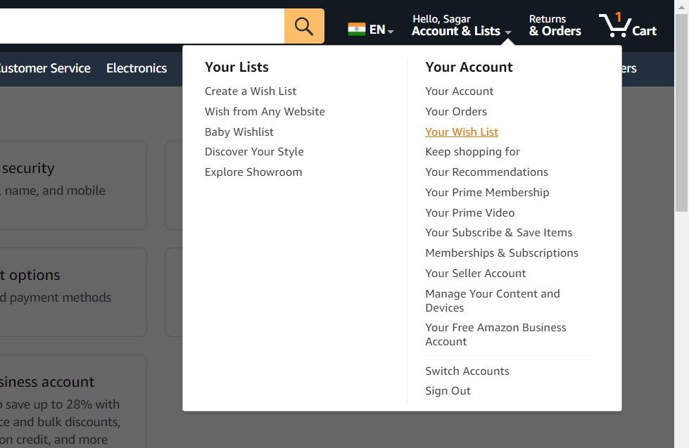 Screenshot showing the Your List option on the Amazon website on a desktop